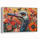 Framed wall art featuring a detailed ostrich design on a textured canvas, displayed against a white background, perfect for home decor enthusiasts.