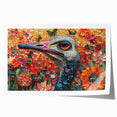 Vibrant rolled wall art print featuring a detailed ostrich design, showcasing intricate patterns and colors, ideal for enhancing contemporary home decor.