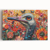 Vibrant stretched canvas wall art featuring a colorful ostrich design, showcasing intricate details and textures, perfect for enhancing modern home decor.