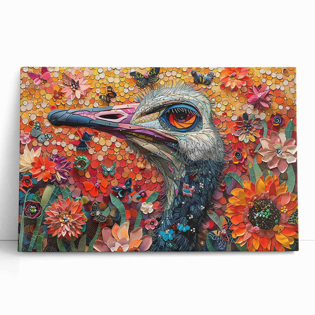 Vibrant stretched canvas wall art featuring a unique ostrich design, perfect for modern decor. Ideal for enhancing living spaces with an artistic touch.