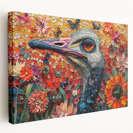 Ostrich-themed wall art on stretched canvas, showcasing intricate design details in earthy tones, ideal for enhancing modern or rustic decor. Perfect for art enthusiasts.