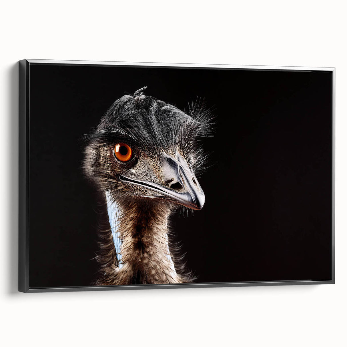 Framed wall art featuring a stylish black and white ostrich design on canvas, perfect for modern home decor. The piece showcases intricate details and a sleek profile, ideal for accentuating any living space.