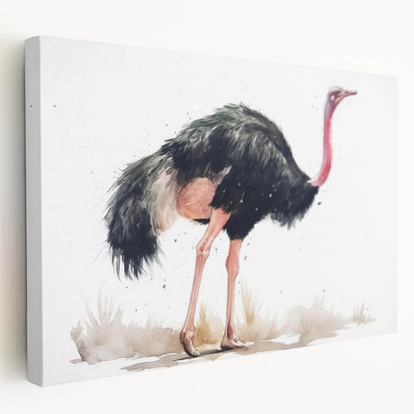 Ostrich-themed wall art design featuring vibrant colors and intricate patterns, printed on stretched canvas with a side view showcasing its artistic details.