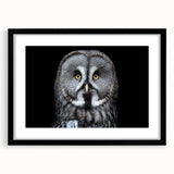 Framed wall art depicting a detailed owl design in black and white, featuring a sleek matte finish and a stylish frame, perfect for modern home decor.