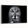Framed canvas wall art displaying a detailed owl design in vibrant colors, showcased from a black side view, perfect for enhancing home decor or art collections.