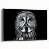 Framed canvas wall art displaying a detailed owl design in vibrant colors, showcased from a black side view, perfect for enhancing home decor or art collections.