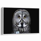 Framed wall art featuring a detailed owl design on canvas, showcasing intricate feather textures in earthy tones, displayed against a white background. Perfect for nature-themed decor.