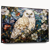 Side view of an acrylic glass wall art piece featuring an intricate owl design, showcasing vibrant colors and detailed craftsmanship, displayed with pins for hanging.