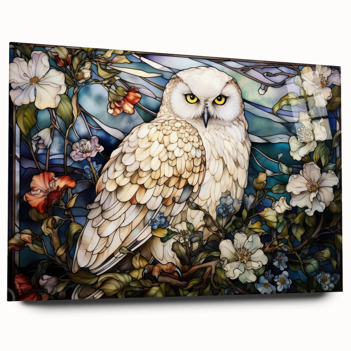Stylish acrylic glass wall art showcasing a beautiful owl design, side view, perfect for modern home decor. Features vibrant colors and intricate details, ideal for nature enthusiasts.