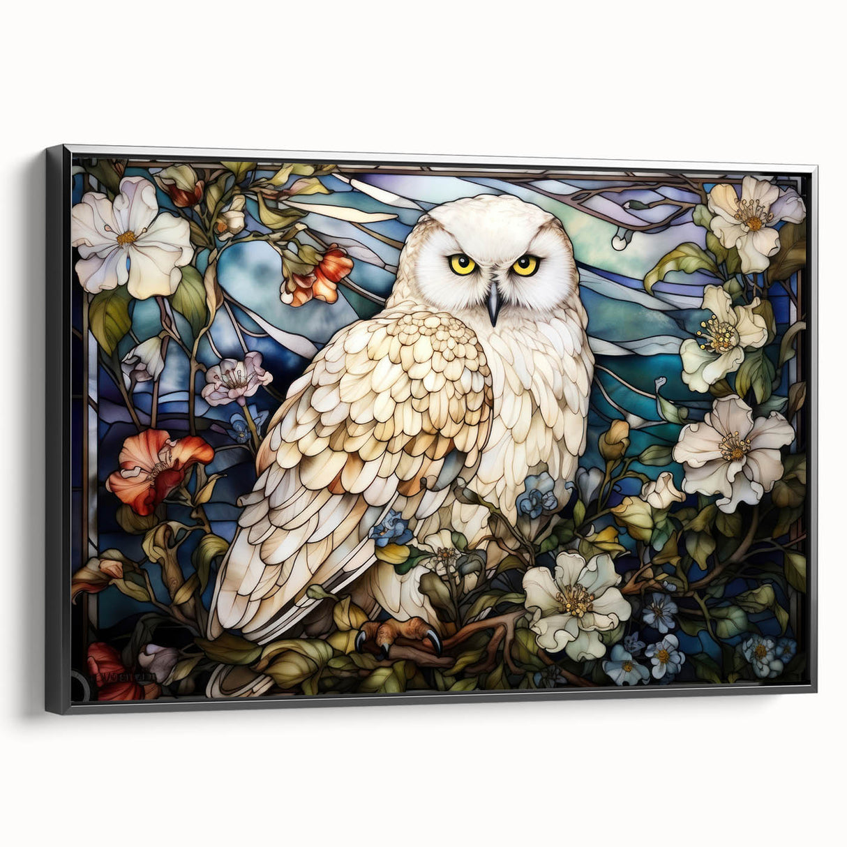 Framed canvas wall art featuring a detailed owl design on a black background, showcasing intricate patterns and textures, ideal for modern home decor.