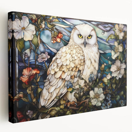 Stretched canvas wall art featuring a vibrant owl design in earthy tones, perfect for nature lovers, showcasing intricate details and textures.