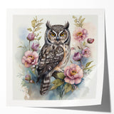 Owl-themed wall art collection featuring a glossy print mockup, showcasing vibrant colors and intricate designs, perfect for bird lovers and home decor enthusiasts.