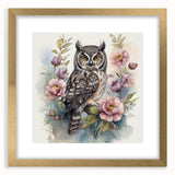 Gold-framed wall art featuring a whimsical owl design, showcasing vibrant colors and intricate details, ideal for adding charm to any room decor.