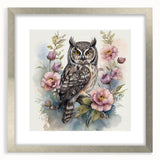 Elegant silver-framed wall art featuring an owl design, showcasing intricate details and vibrant colors, perfect for enhancing home decor with a nature theme.