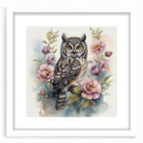 Owl-themed wall art collection framed with a white mat, showcasing intricate bird designs in vibrant colors, perfect for enhancing home decor.