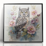 Framed wall art featuring a stylish owl design on a black acrylic background, ideal for modern home decor, showcasing intricate details and vibrant colors.