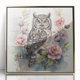 Framed wall art showcasing an elegant owl design with a gold-accented frame, perfect for enhancing modern home decor. The artwork features intricate details and a vibrant color palette, making it a striking focal point for any room. Ideal for owl lovers and art collectors.