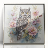 Framed acrylic wall art featuring a striking owl design in silver tones, ideal for modern decor, showcasing intricate details and elegant framing. Perfect for wildlife enthusiasts and art collectors.
