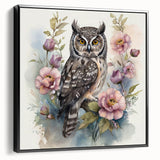 Framed canvas wall art featuring a detailed owl design in vibrant colors, displayed in a sleek black frame, ideal for nature-themed home decor.