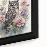 Close-up of a framed canvas wall art piece showcasing an intricate owl design with vibrant colors and detailed features, perfect for nature lovers and home decor.