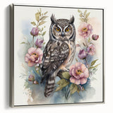 Framed wall art featuring a stunning owl design on canvas with a silver frame, showcasing intricate details and vibrant colors, perfect for home decor.
