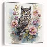 Framed canvas wall art showcasing a detailed owl design with vibrant colors, mounted on a white background, ideal for nature-themed decor.