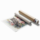 Owl-themed wall art print showcasing intricate details and vibrant colors, rolled for easy shipping, perfect for home decor and animal lovers.