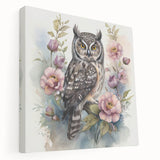 Stretched canvas wall art showcasing an intricately designed owl with vibrant colors, ideal for nature lovers and modern decor, displayed side view against a neutral background.
