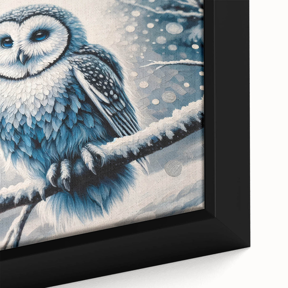 Close-up of a framed canvas wall art piece showcasing an intricate owl design with vibrant colors and detailed features, perfect for nature-themed decor.