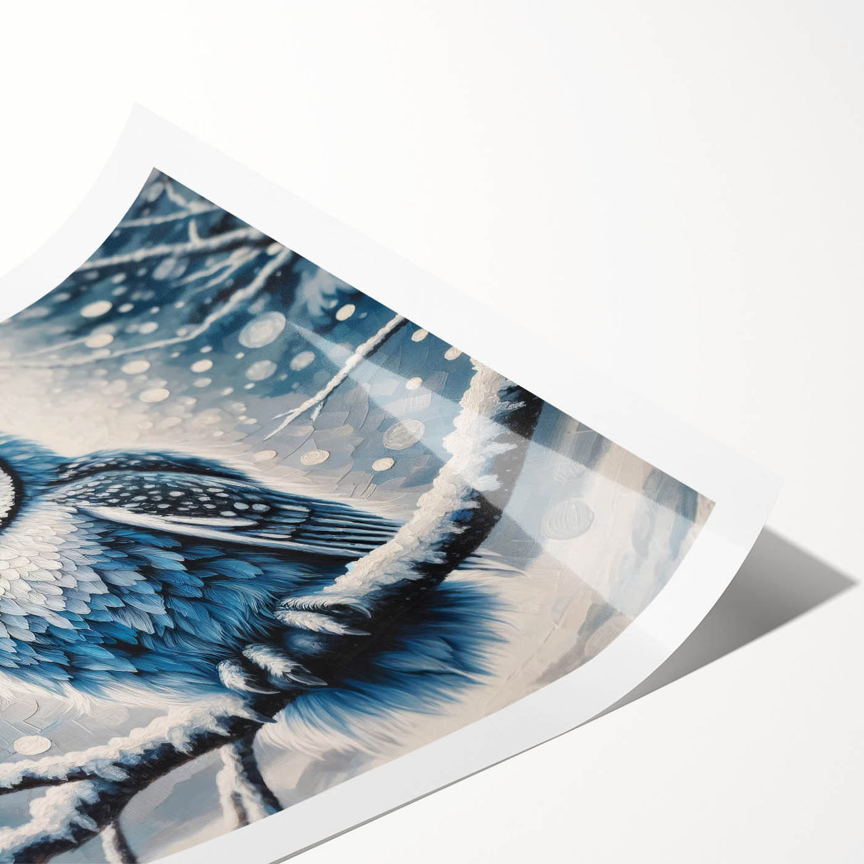 A rolled print showcasing an intricate owl design in vibrant colors, ideal for nature enthusiasts and home decor, packaged securely in a cardboard tube for safe delivery.