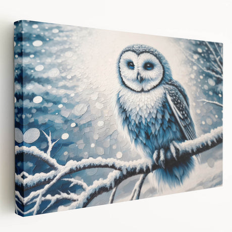 Stretched canvas artwork showcasing a vibrant owl design, perfect for adding a whimsical touch to home decor. The side view highlights its sleek edges and quality craftsmanship, ideal for nature lovers and art enthusiasts. Perfect for enhancing living spaces with unique animal-themed decor.