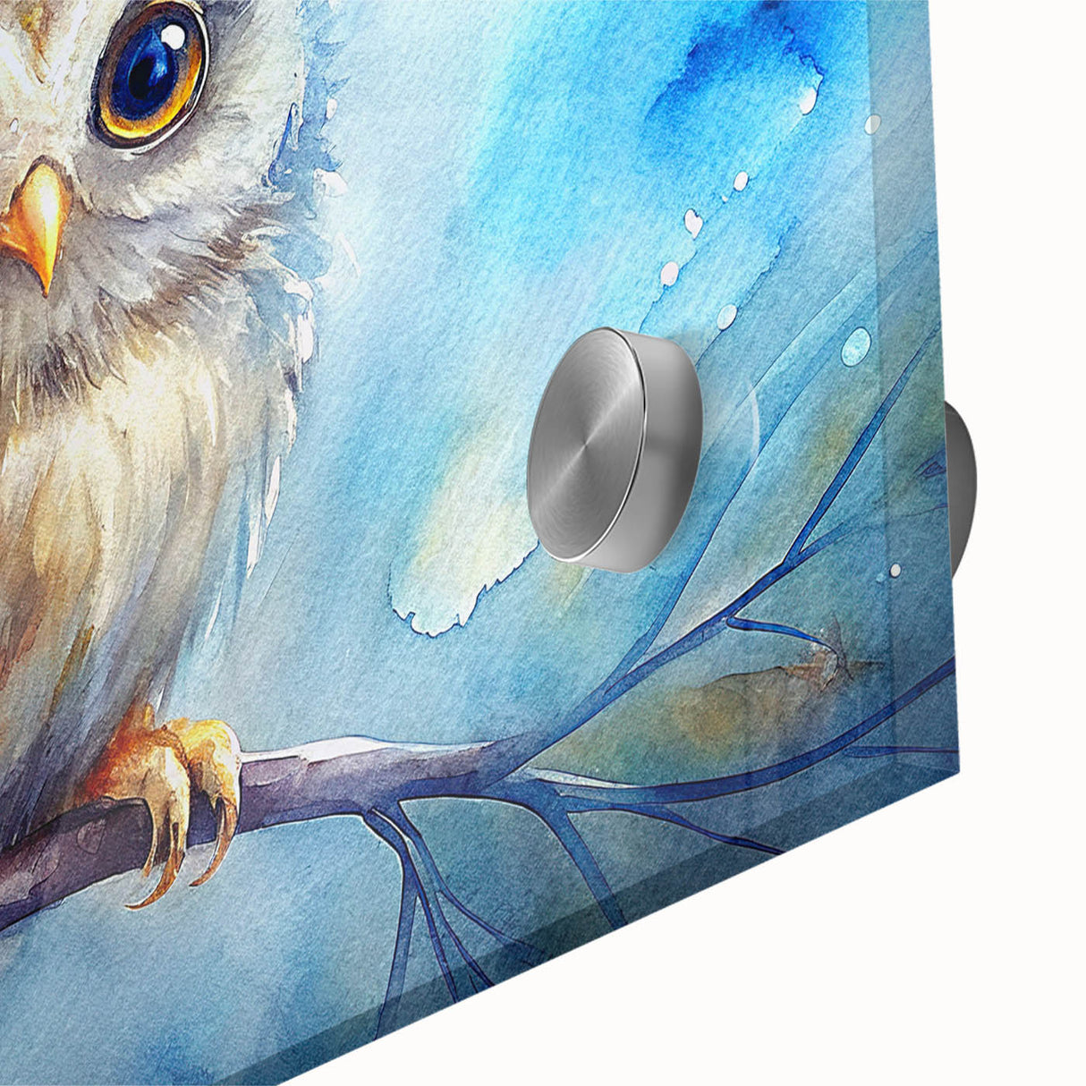Close-up of a vibrant acrylic glass wall art piece showcasing an intricate design of owls among stylized foliage, perfect for modern home decor.