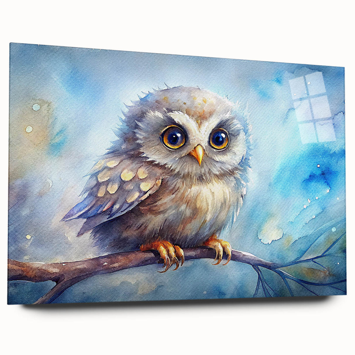Acrylic wall art featuring a detailed owl design in vibrant colors, showcased from the side view, highlighting its sleek glass finish and modern aesthetic. Perfect for nature and animal lovers looking to enhance their home decor.