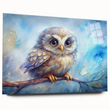 Acrylic wall art featuring a detailed owl design in vibrant colors, showcased from the side view, highlighting its sleek glass finish and modern aesthetic. Perfect for nature and animal lovers looking to enhance their home decor.