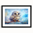 Owl-themed wall art print featuring intricate designs and bold colors, framed with a black mat, perfect for adding a touch of nature-inspired decor to any space.