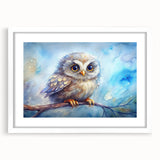 Owl-themed wall art collection featuring a white frame with a mat, showcasing intricate bird designs, perfect for home decor and nature enthusiasts.