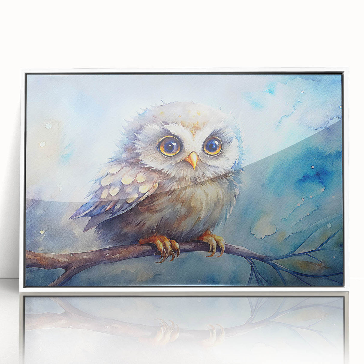 Framed wall art featuring a stylized owl design in vibrant colors, set against a white background, perfect for modern home decor and nature-themed interiors.