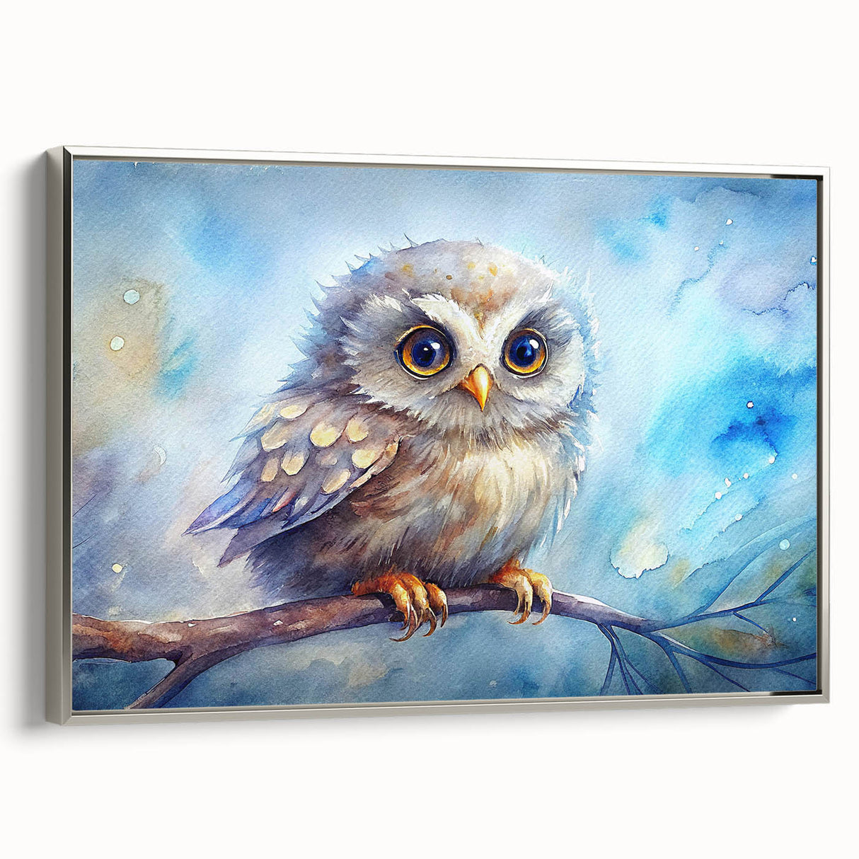 Framed canvas wall art showcasing a detailed owl design in silver tones, set against a neutral background, perfect for modern home decor and nature enthusiasts.