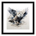 Framed wall art featuring a detailed design of an owl, showcasing intricate patterns and vibrant colors against a sleek black mat, ideal for nature enthusiasts and home decor lovers.