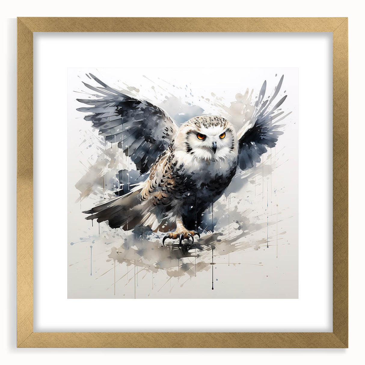 Framed wall art collection featuring a beautifully designed owl illustration with gold accents, set against a white mat, ideal for modern home decor.
