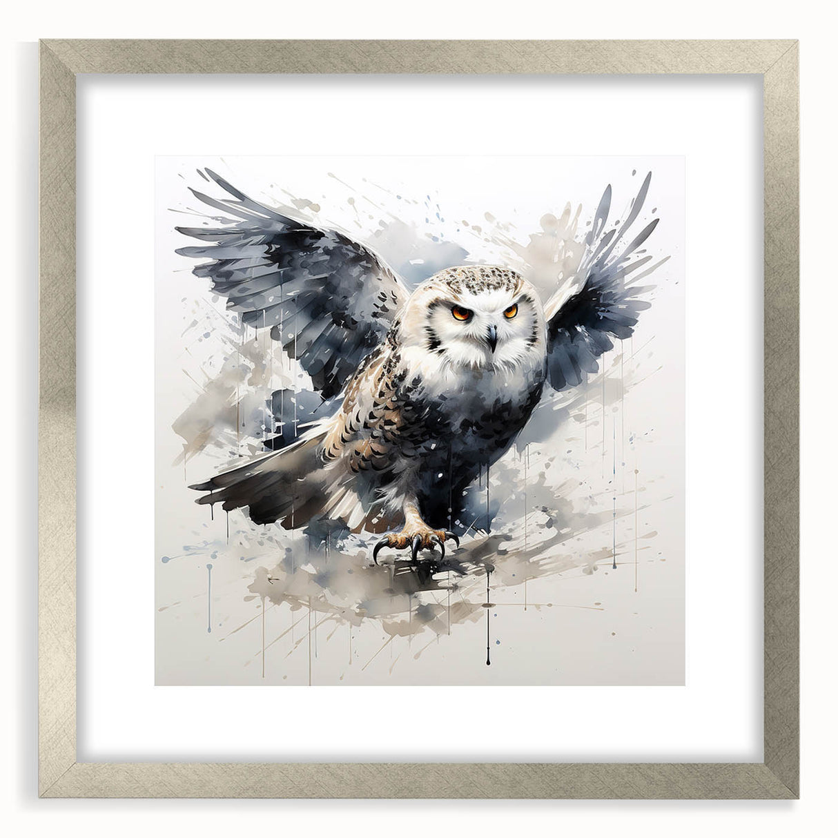 Framed wall art featuring a detailed owl design in silver tones, elegantly matted, perfect for enhancing modern decor and bird-themed interiors.