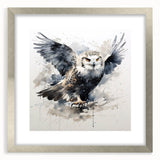 Framed wall art featuring a detailed owl design in silver tones, elegantly matted, perfect for enhancing modern decor and bird-themed interiors.