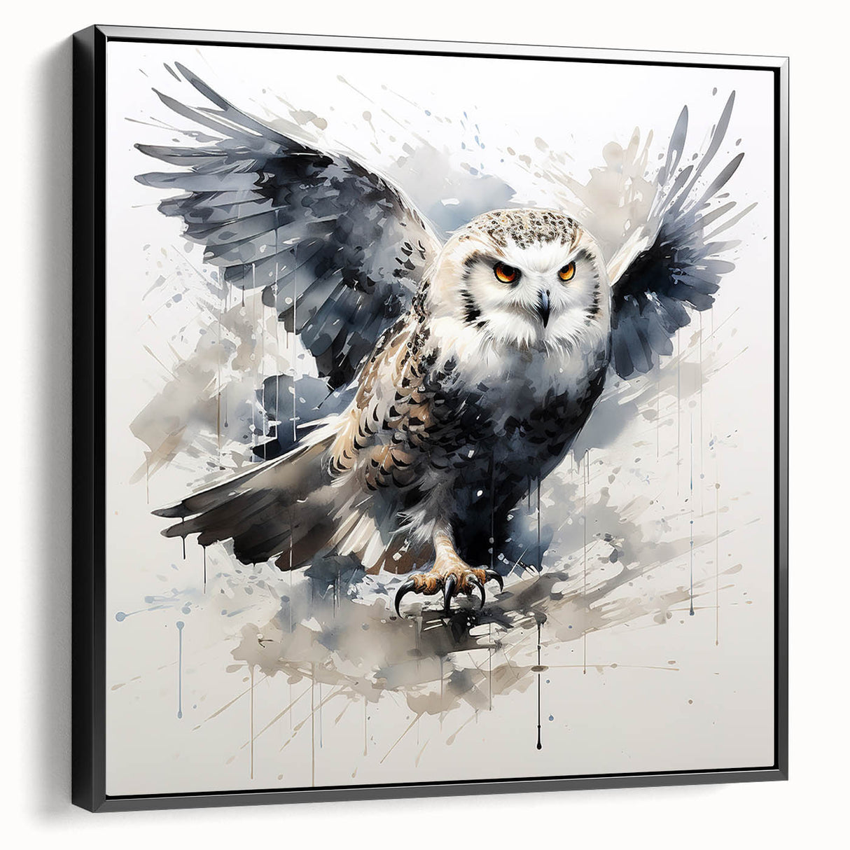 Framed canvas wall art showcasing a striking owl design in black, featuring intricate details and textures, perfect for enhancing any modern home decor.
