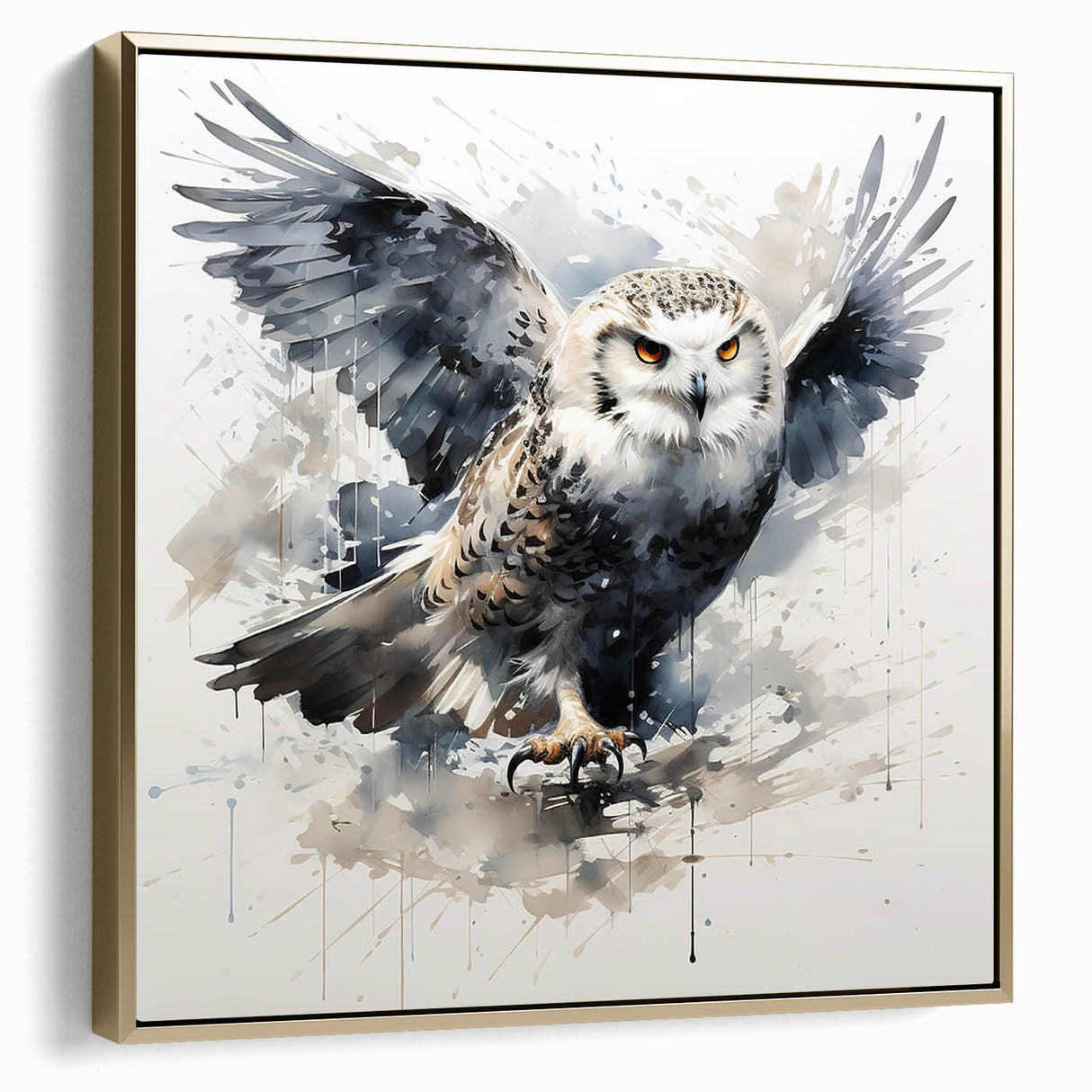 Framed wall art collection showcasing a stylish owl design on canvas, featuring a gold frame and a side view perspective, perfect for modern home decor.