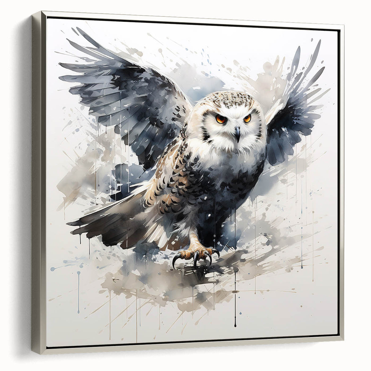 Framed wall art featuring a detailed owl design in earthy tones, showcased from a side view against a sleek silver frame, perfect for nature-themed decor.