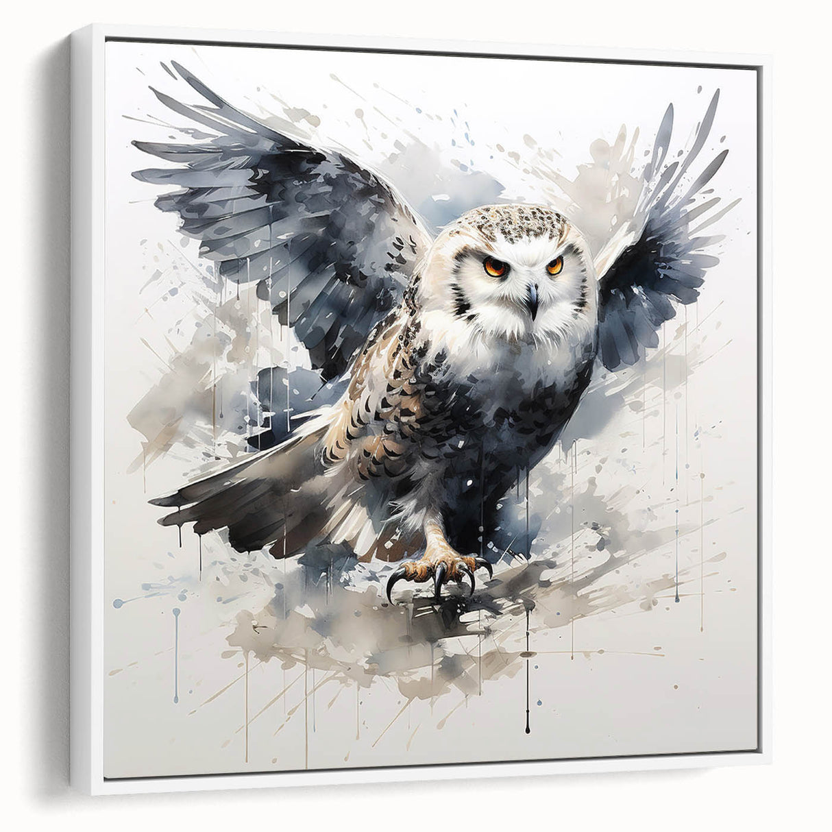Framed canvas wall art showcasing a stylized owl design in vibrant colors, displayed from a side view against a white background, ideal for enhancing modern home decor.
