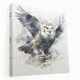 Stretched canvas wall art featuring a detailed owl design in earthy tones, showcasing intricate feather patterns and a serene expression, perfect for nature-themed decor.