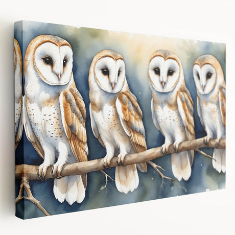 Stretched canvas wall art featuring a vibrant owl design, showcasing intricate details and rich colors, ideal for enhancing home decor or adding a whimsical touch to any room.