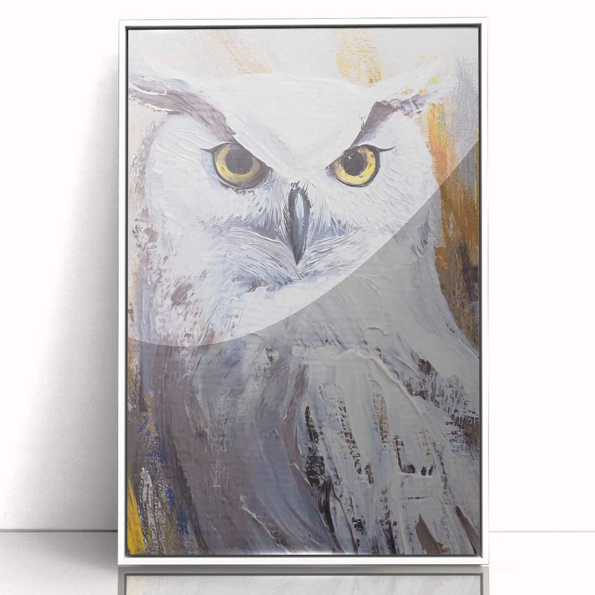 Framed wall art featuring a captivating owl design in vibrant colors, presented in a sleek white frame. Ideal for nature lovers and modern decor enthusiasts.