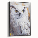 Framed canvas wall art featuring a striking owl design in vibrant colors, showcasing intricate details on a black background, ideal for modern home decor.